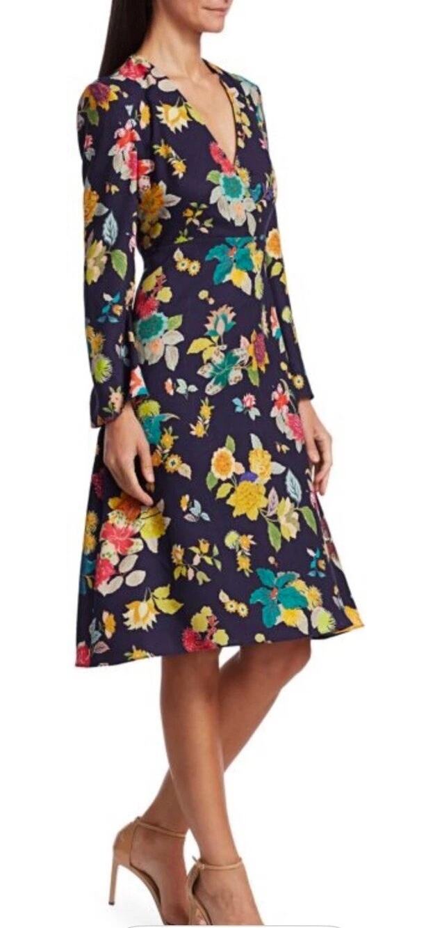 Etro Navy Blue Floral Wool Bell Sleeve Wrap Dress 6 Italian Luxury Archive $1540